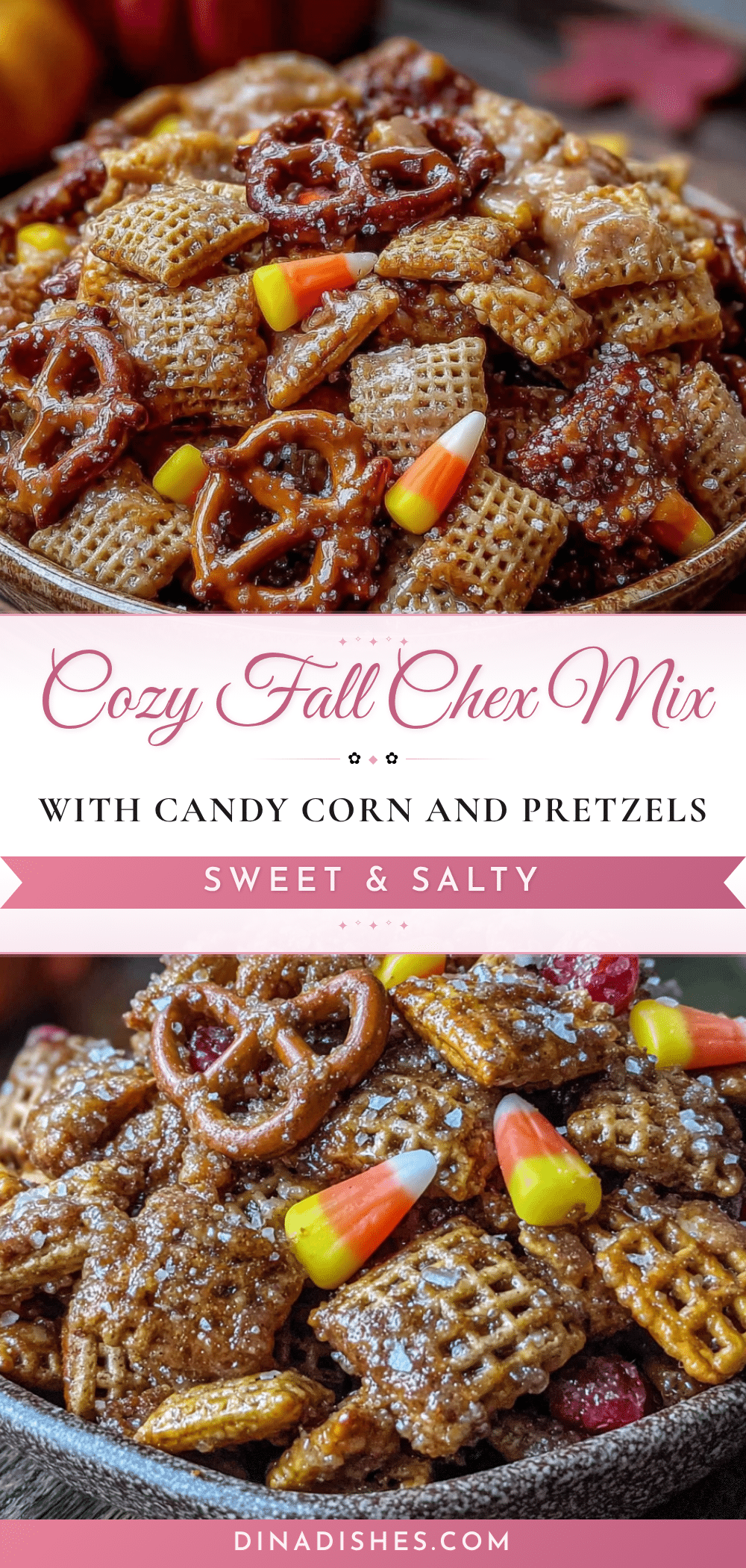 cozy fall Chex mix with candy corn and pretzels recipe