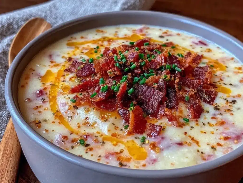 creamy slow cooker potato soup with bacon and chives - featured image
