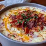 creamy slow cooker potato soup with bacon and chives - featured image