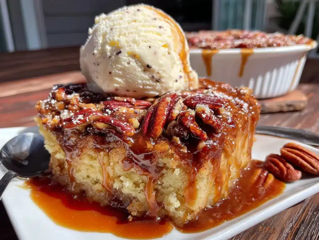 warm pecan pie cobbler - featured image