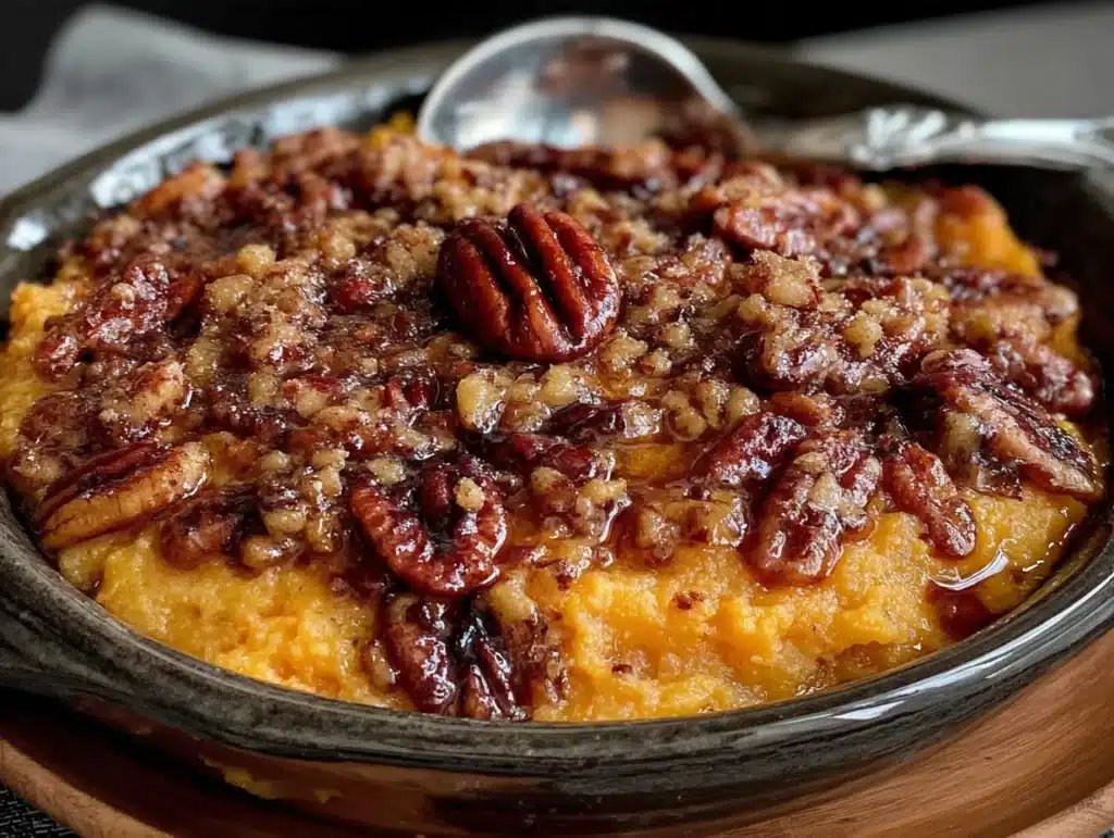 brown sugar glazed sweet potato casserole with pecan streusel - featured image