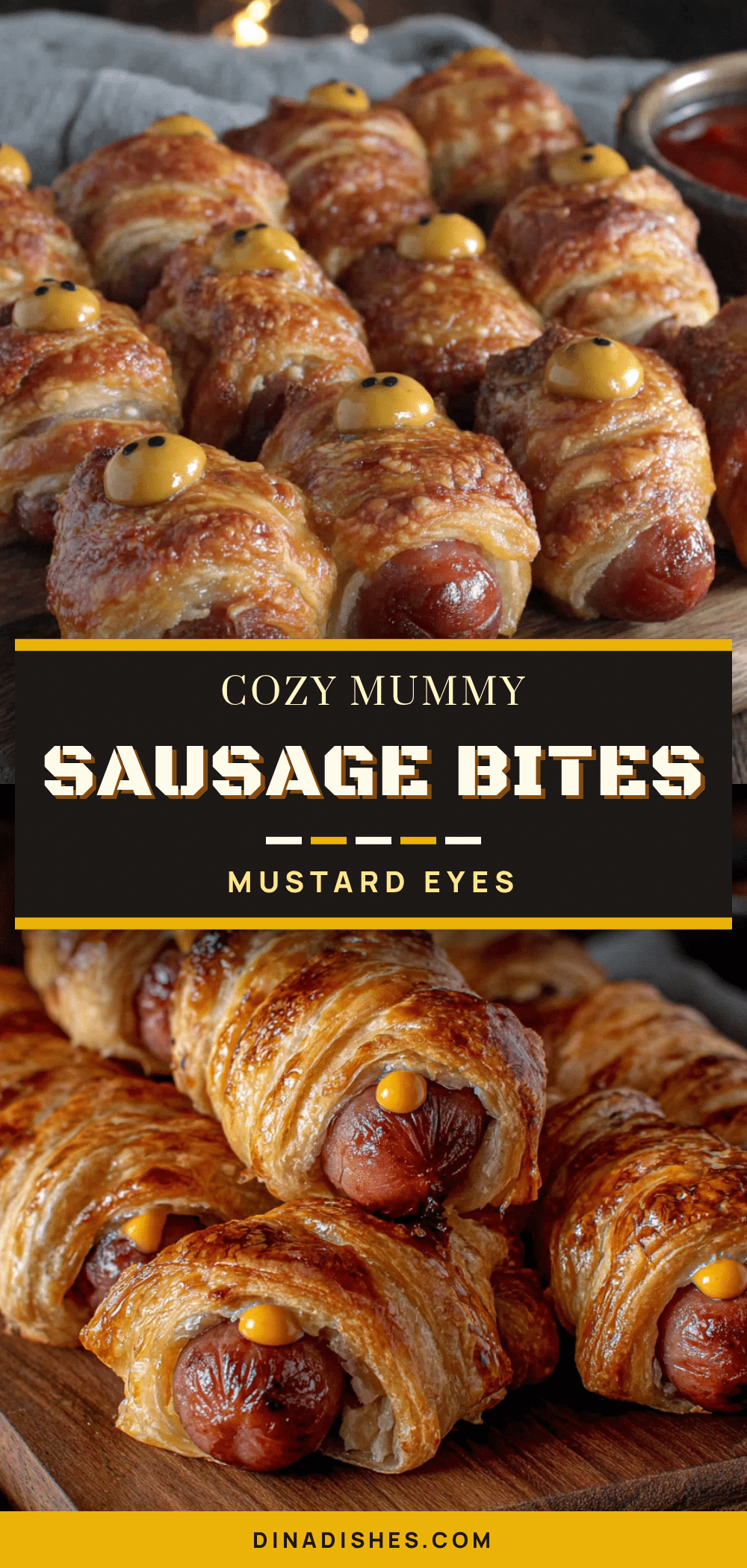 cozy mummy wrapped cocktail sausages with mustard eyes recipe