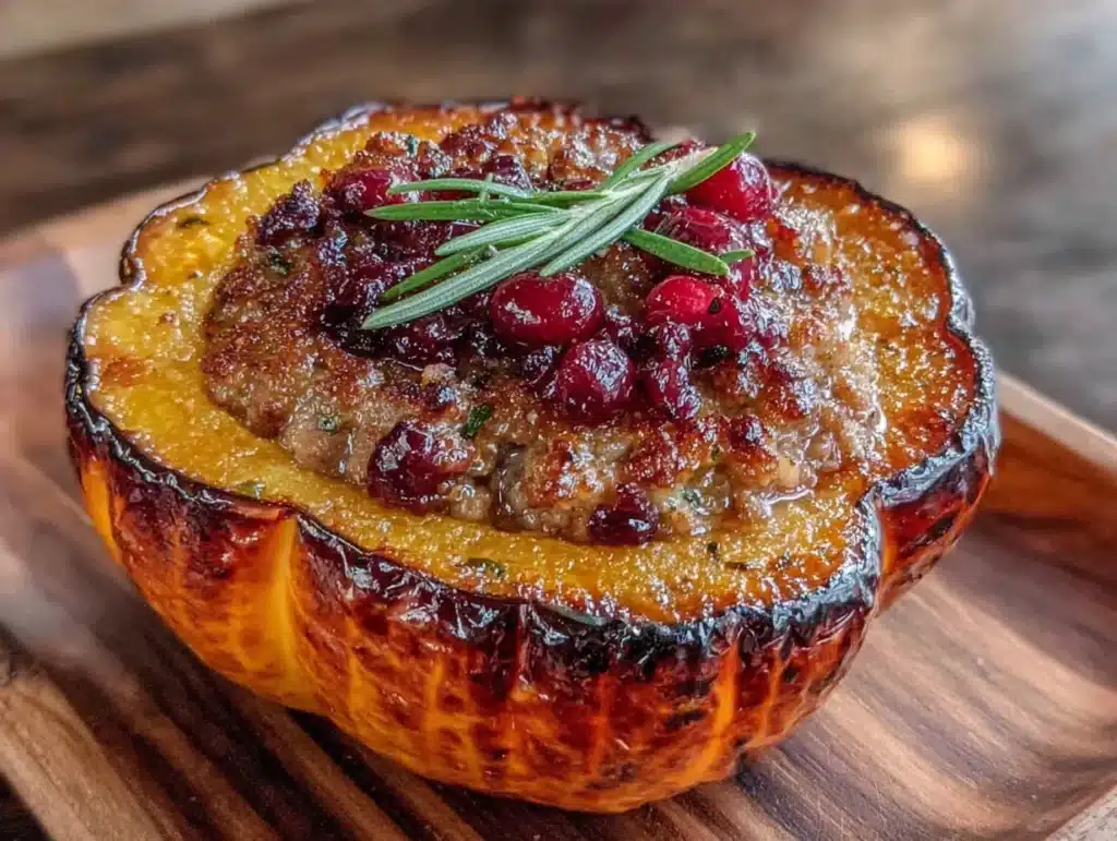 Cozy sausage stuffed acorn squash with cranberries - featured image