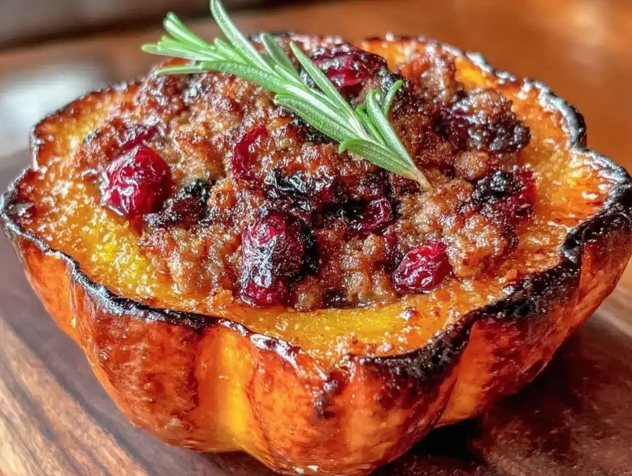 Cozy sausage stuffed acorn squash with cranberries preparation steps