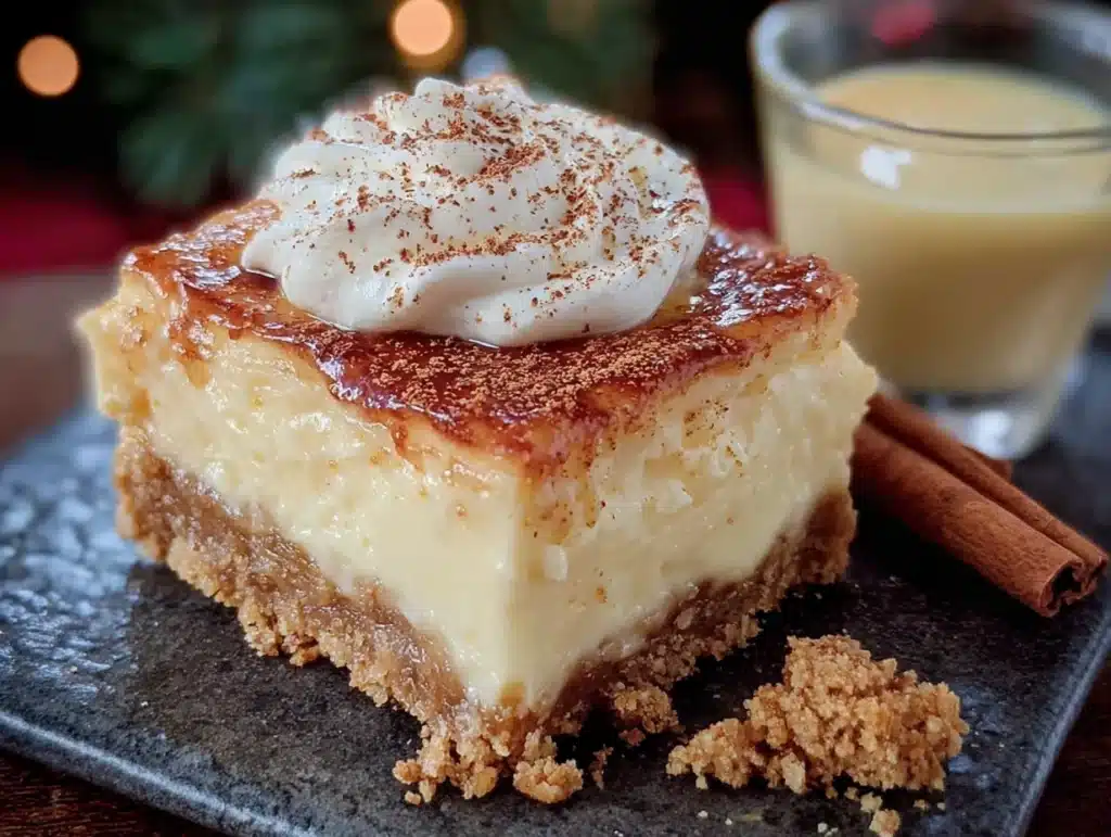 creamy no-bake eggnog cheesecake bars - featured image