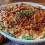 crispy green bean casserole with fried shallots - featured image