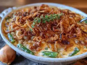 crispy green bean casserole with fried shallots - featured image