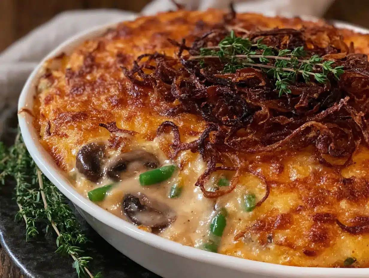 crispy green bean casserole with fried shallots preparation steps