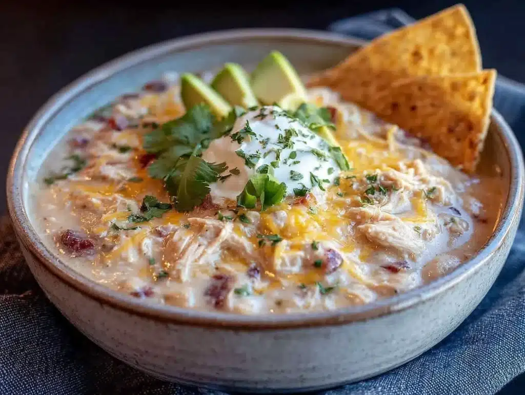 crockpot white chicken chili with roasted poblano - featured image