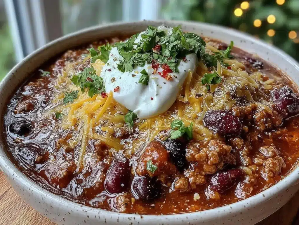 healthy slow cooker turkey three-bean chili - featured image