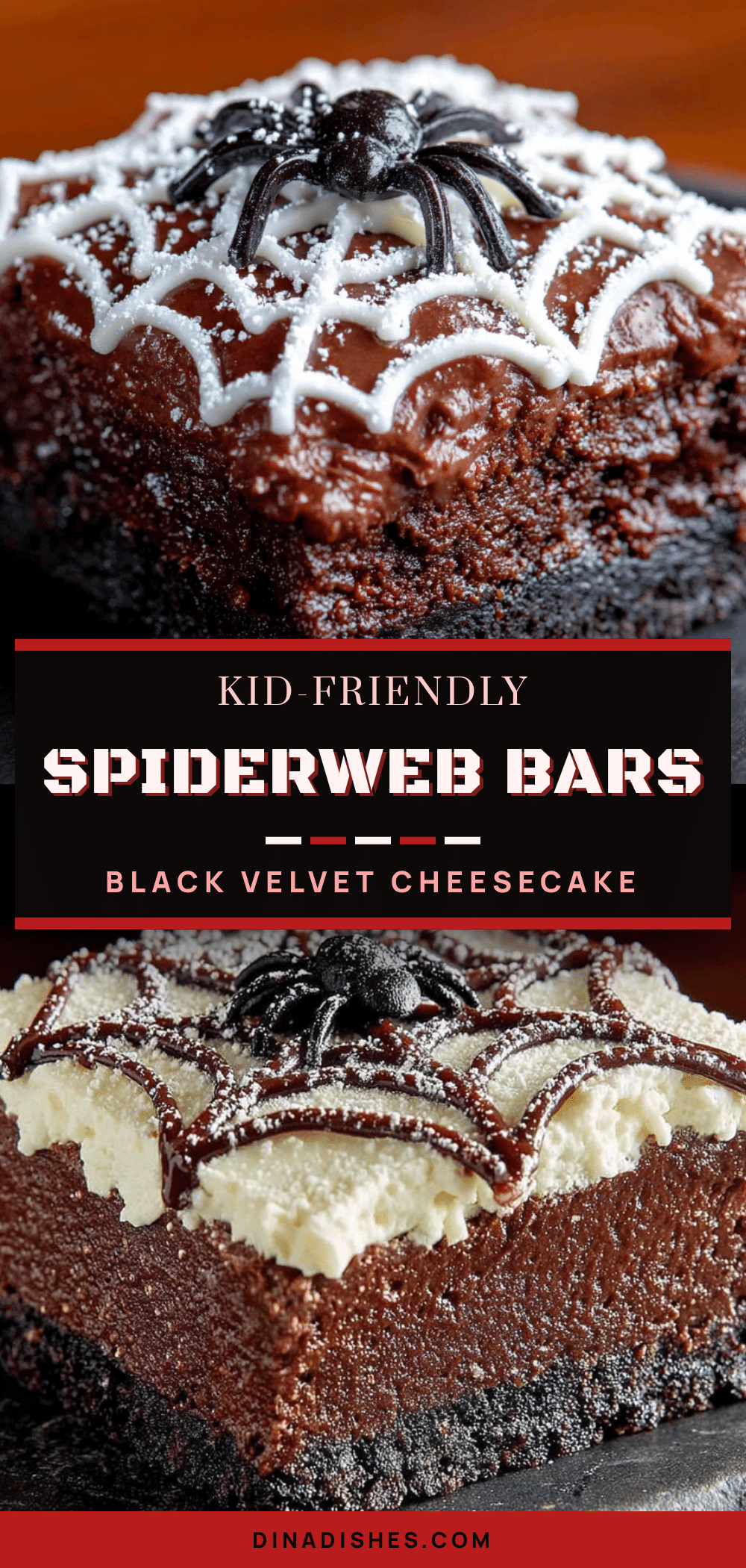 Kid-Friendly Black Velvet Spiderweb Cheesecake Bars recipe