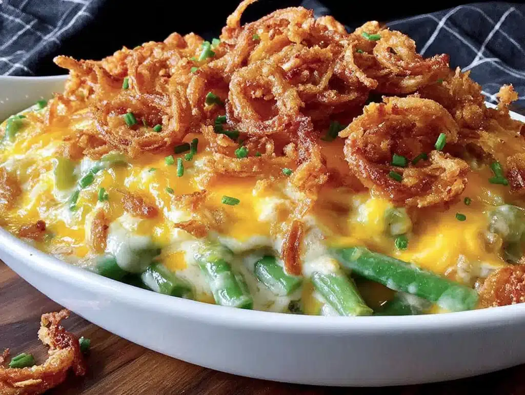 quick cheesy green bean casserole with crispy onions - featured image