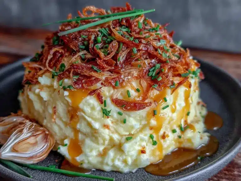 quick garlic herb mashed potatoes with crispy shallots - featured image