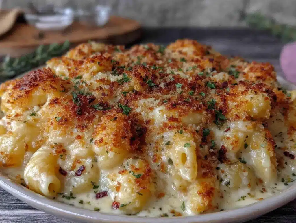 three-cheese baked mac and cheese - featured image