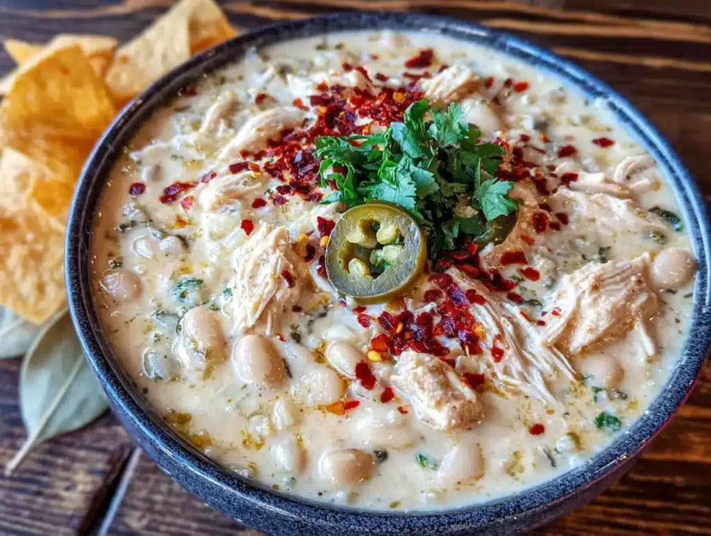 white chicken chili with cream cheese - featured image