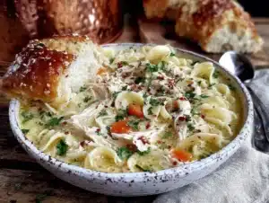 wholesome creamy chicken noodle soup from scratch - featured image
