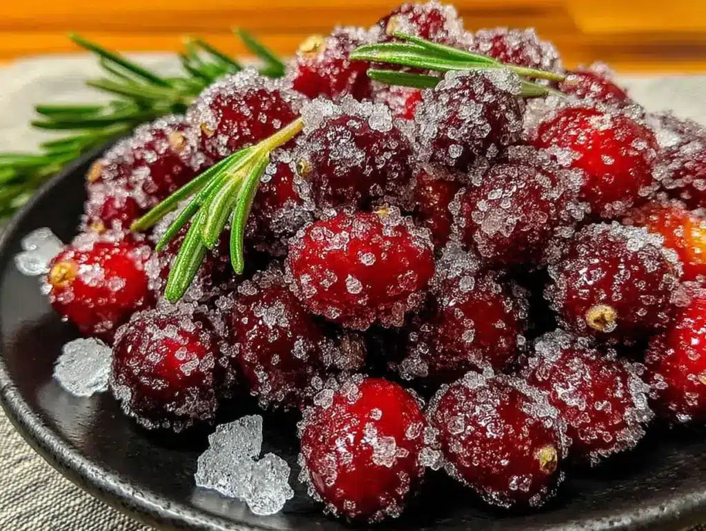 sparkling sugared cranberries with rosemary - featured image