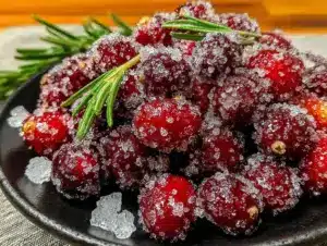 sparkling sugared cranberries with rosemary - featured image